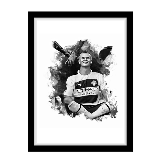 HAALAND "A4 Black & White Football Art Print – Oil Painting Style Sports Wall Decor-Artwork re-print