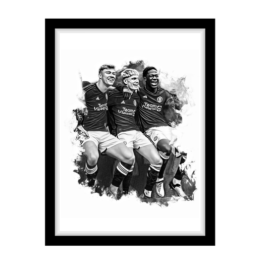 HOJLUND,GARNACHO,MAINOO "A4 Black & White Football Art Print – Oil Painting Style Sports Wall Decor-Artwork re-print