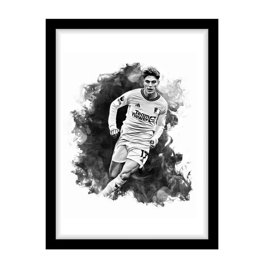 GARNACHO "A4 Black & White Football Art Print – Oil Painting Style Sports Wall Decor-Artwork re-print