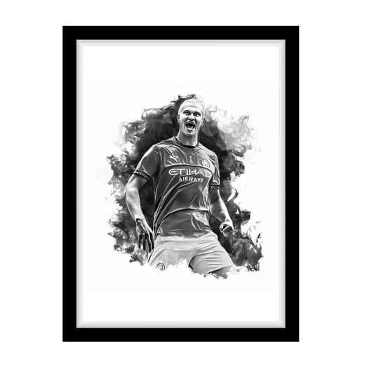 HAALAND "A4 Black & White Football Art Print – Oil Painting Style Sports Wall Decor-Artwork re-print