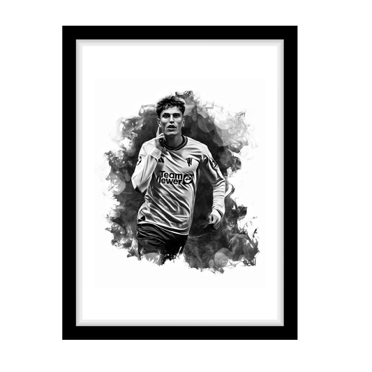 GARNACHO "A4 Black & White Football Art Print – Oil Painting Style Sports Wall Decor-Artwork re-print