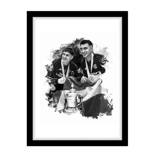 GARNACHO X MARTINEZ "A4 Black & White Football Art Print – Oil Painting Style Sports Wall Decor-Artwork re-print