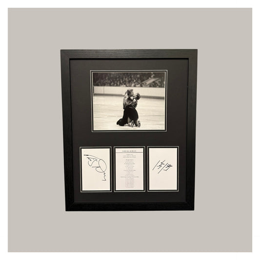 TORVILL AND DEAN SIGNED INDEX CARD MOUNTED DISPLAY.