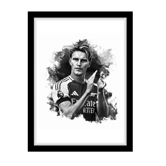 ODEGAARD "A4 Black & White Football Art Print – Oil Painting Style Sports Wall Decor-Artwork re-print