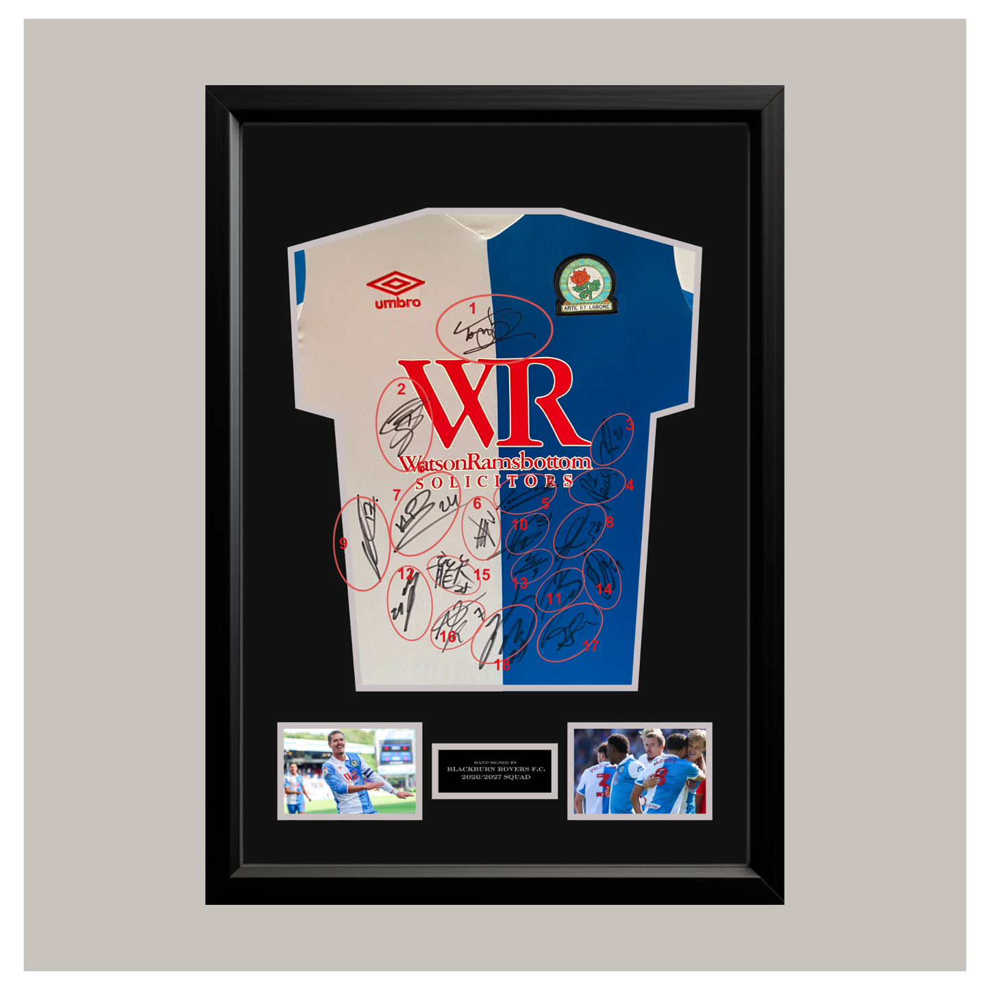 HAND SIGNED BLACKURN ROVERS SQUAD FRAMED SHIRT DISPLAY